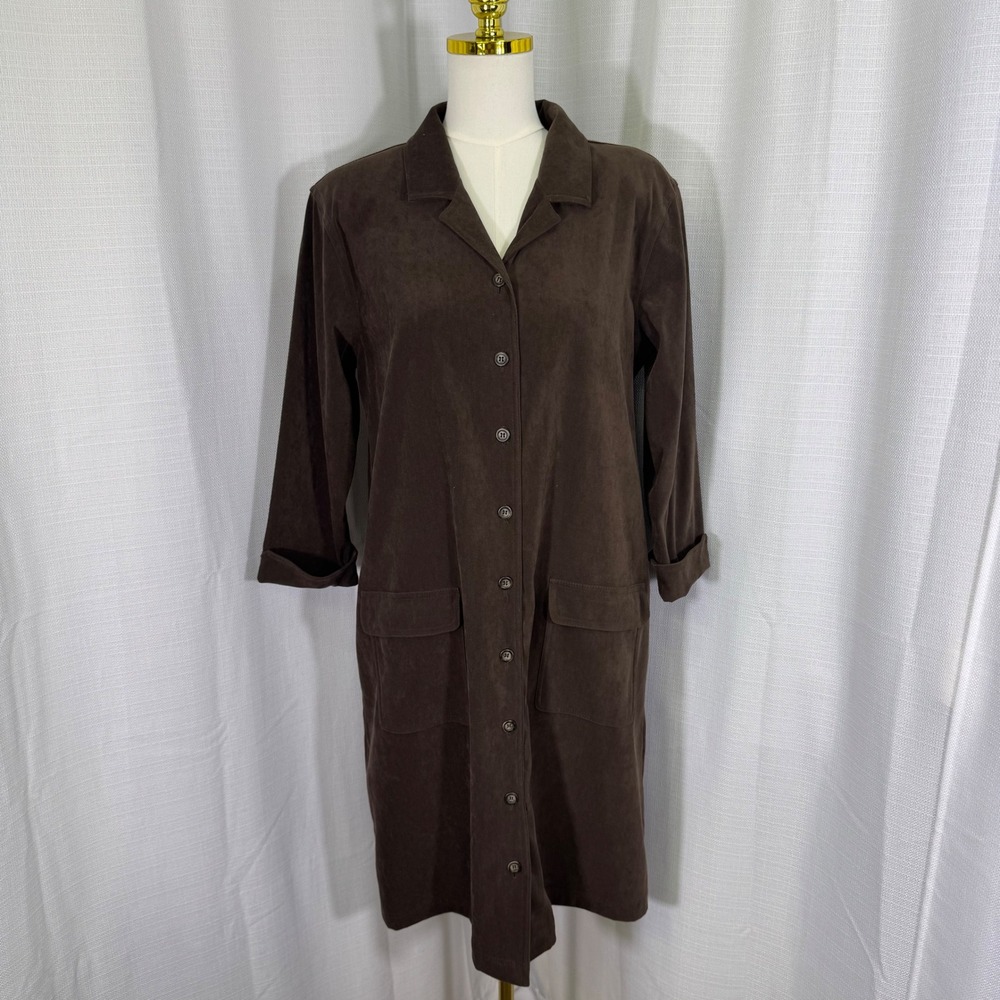 Vintage Talbots Faux Suede Dress Collared Stretch Button Chocolate Brown Sz 16